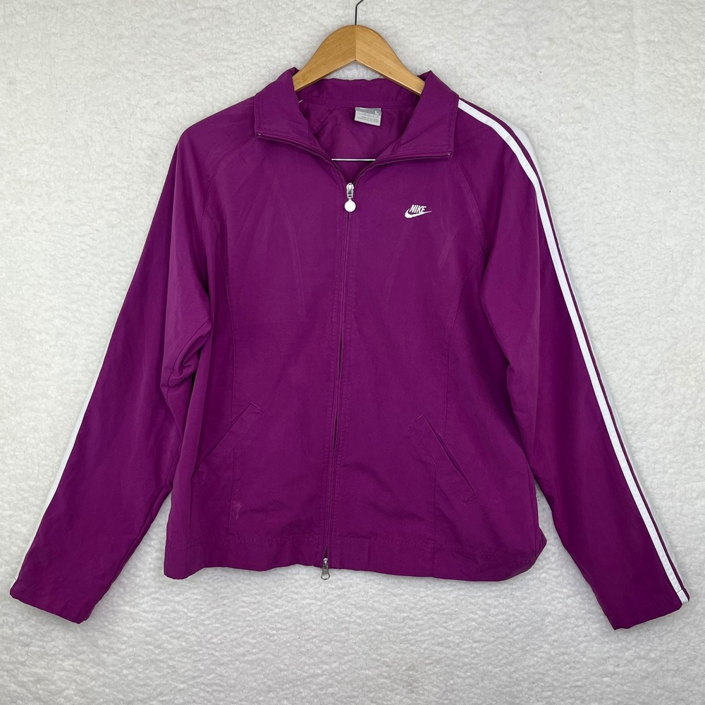 Nike Womens Track Jacket Magenta Purple White Stripe Full Zip Windbreaker Large